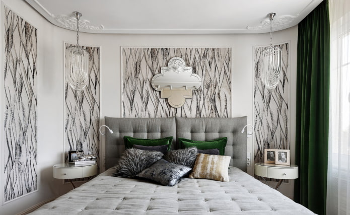 bed with gray headboard in the interior