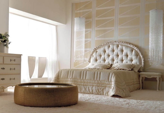 bed with a round headboard in the interior