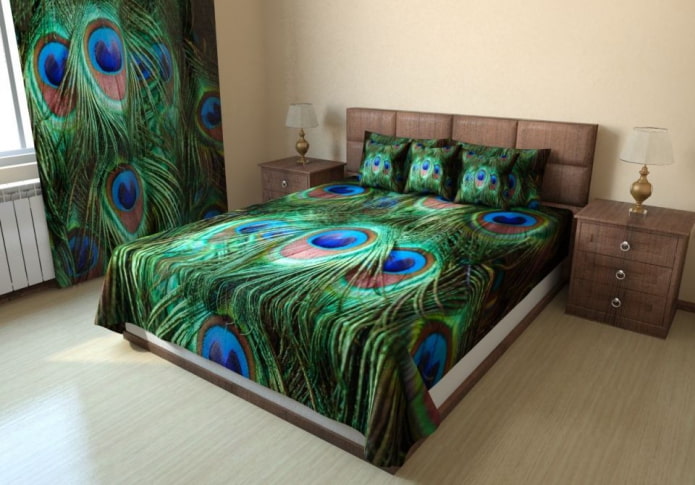 bed with a bedspread with a photo print in the bedroom