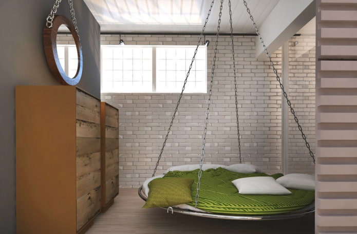 round bed on a suspension in the interior