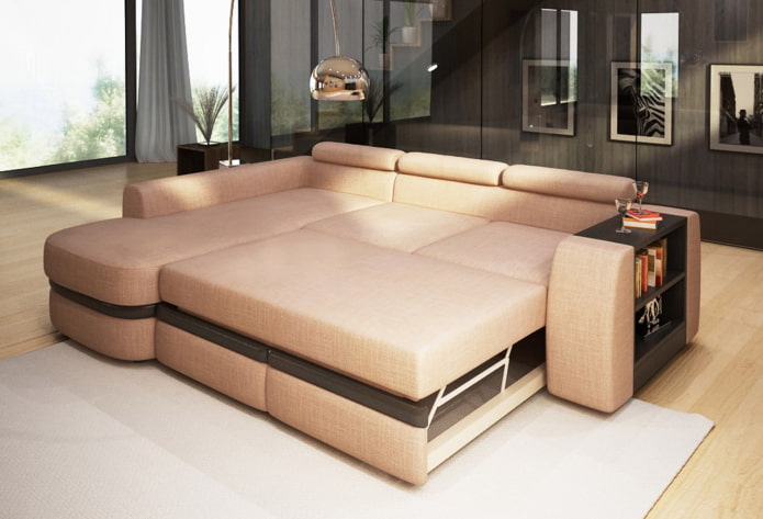 összecsukható kanapé polcokkal a belső térben