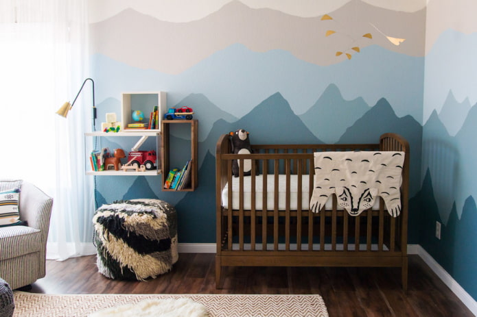 brown crib for baby in the interior