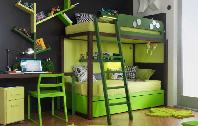 grünes Etagenbett im Kinderzimmer