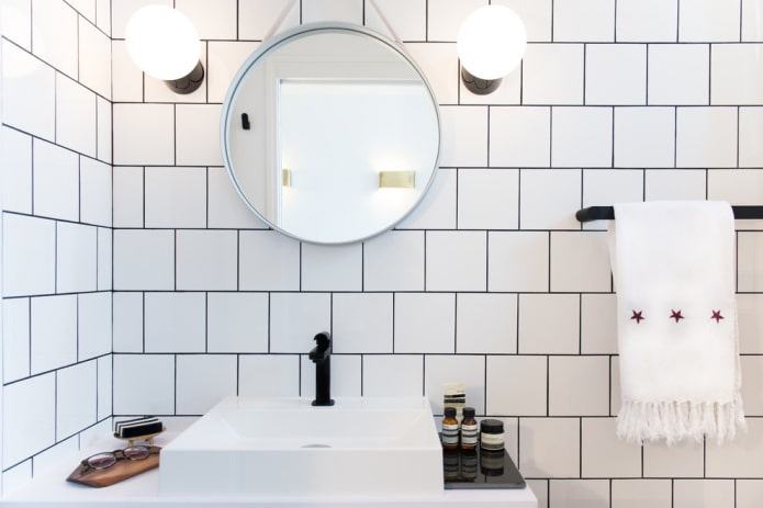 white tiles with grout in the bathroom interior
