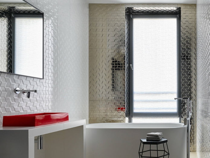 white and silver tiles in the bathroom interior