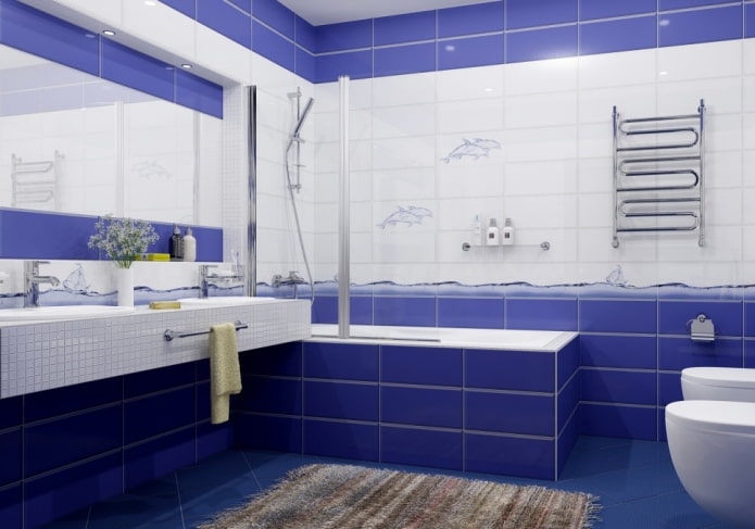 กระเบื้องสีขาวและสีฟ้าภายในห้องน้ำ