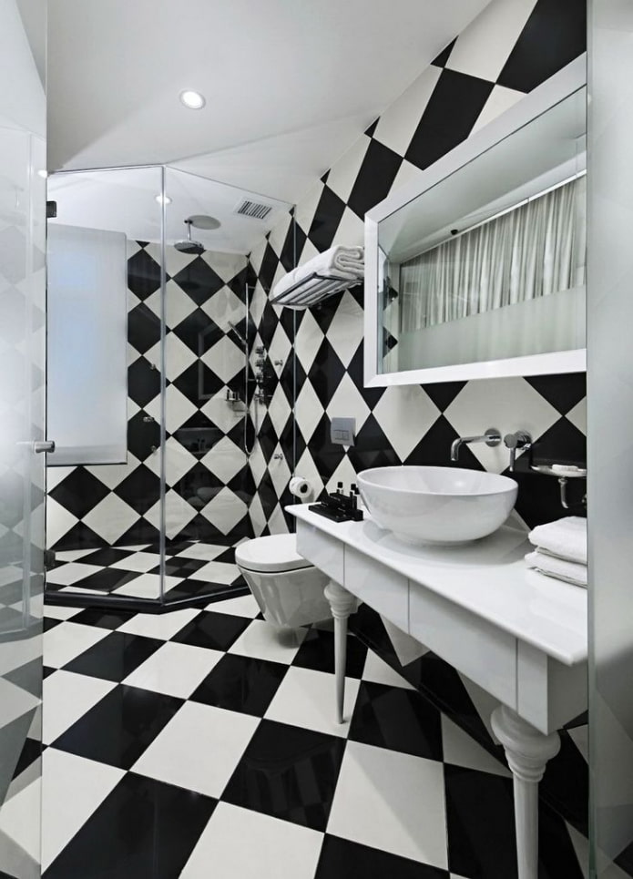 black and white tiling in the bathroom