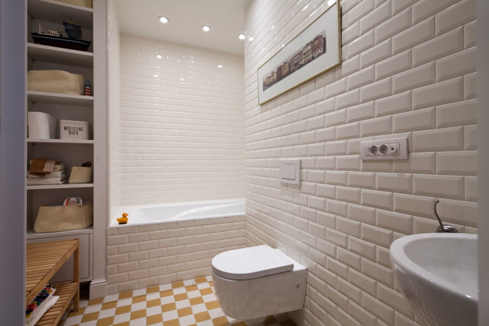 white tiles with bricks in the bathroom interior