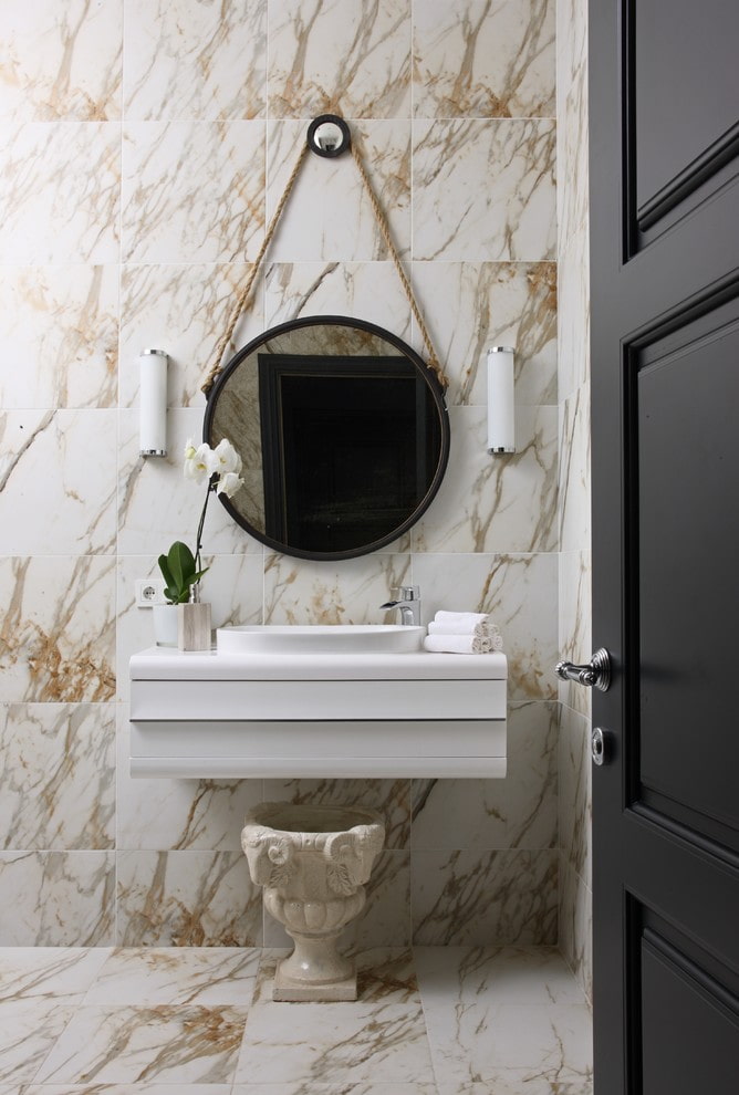 white marble tiles in the bathroom interior