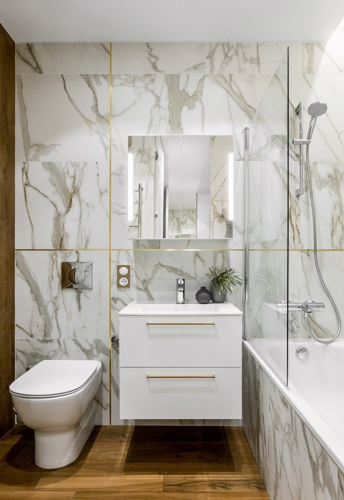 white marble tiles in the bathroom interior