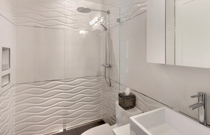 embossed white tiles in the bathroom interior