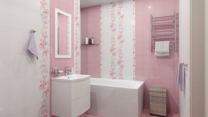 fehér és rózsaszín csempe a fürdőszoba belsejében