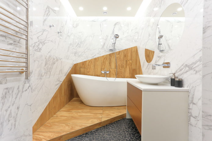 white tiles with wood in the bathroom interior
