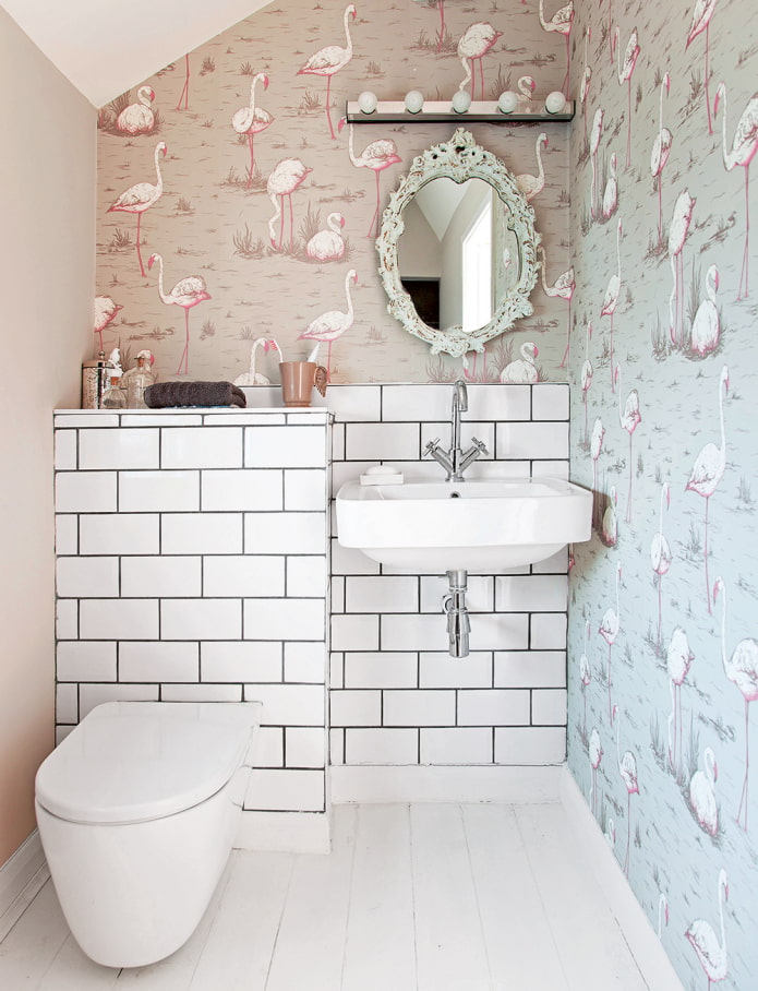 white tiles with wallpaper in the bathroom interior