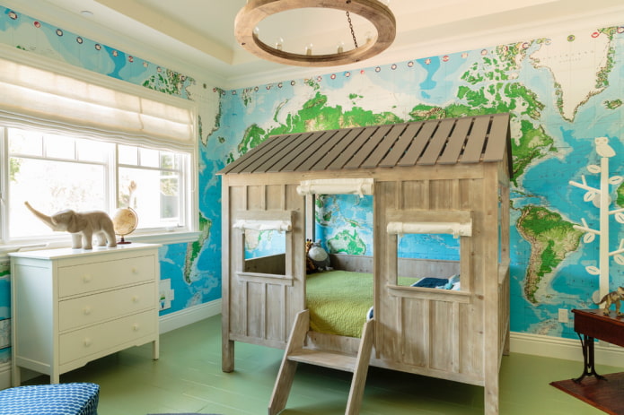 bed in the form of a house in the nursery for a boy