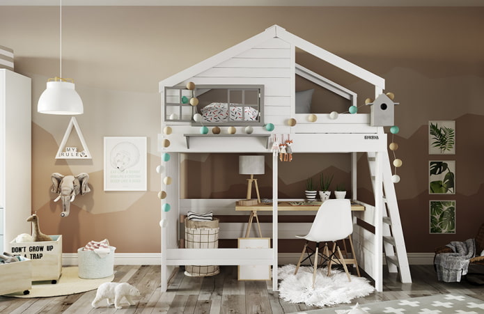 bed in the form of a house with a workplace in the nursery