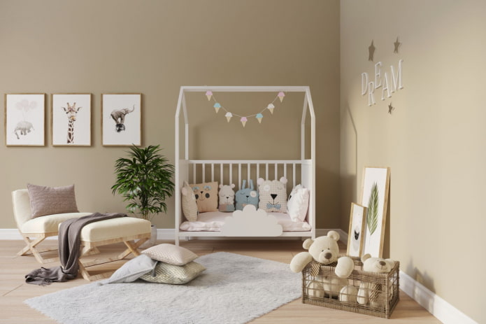 white bed in the form of a house in the nursery