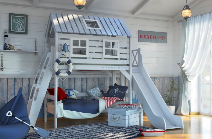 bed in the form of a house in a nautical style