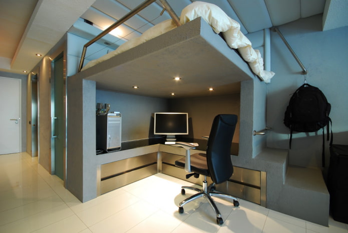 bed under the ceiling with a work area below