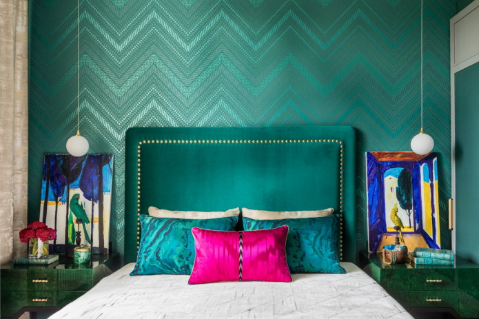 bedroom interior in emerald shades