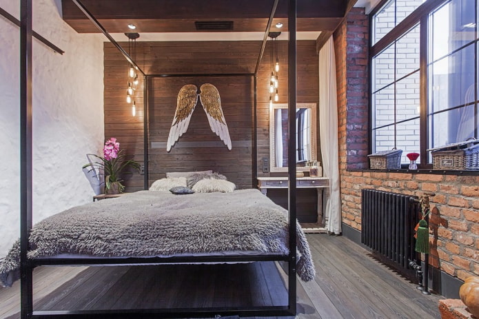 bed in loft style interior