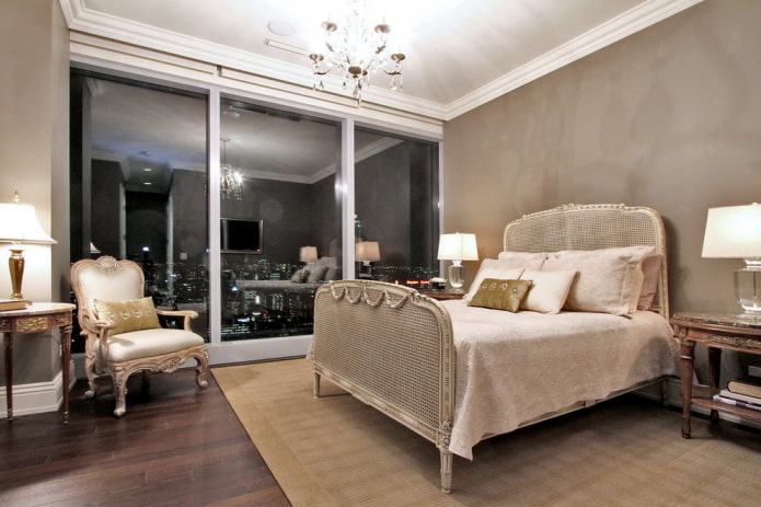 beige bed in the interior of the bedroom
