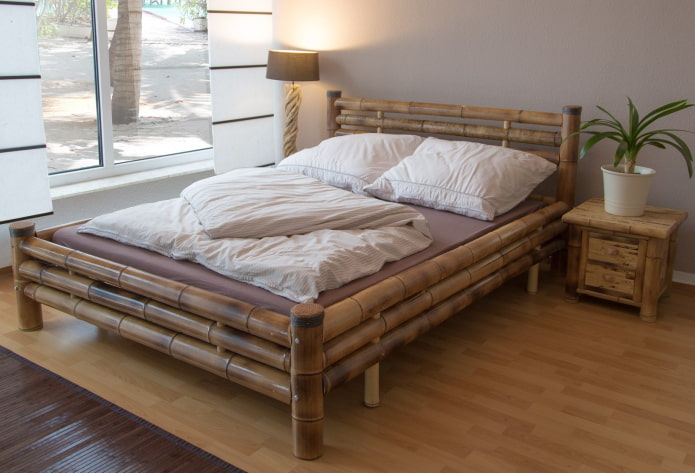 bamboo bed in the interior of the bedroom
