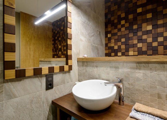 wood mosaic tiles in bathroom