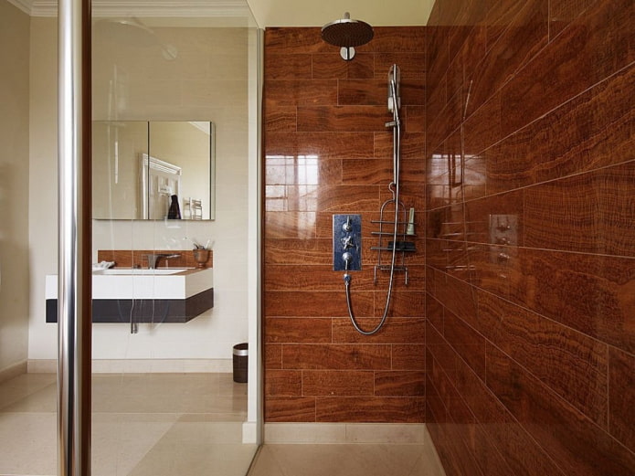 wood effect tiles in the shower room in the interior