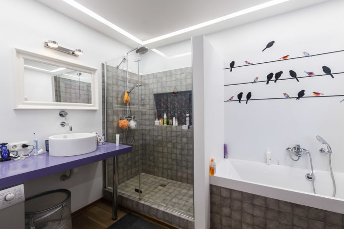 shower room made of gray tiles in the interior
