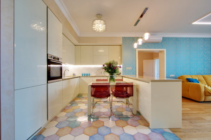 floor tiles in the form of honeycombs in the interior of the kitchen