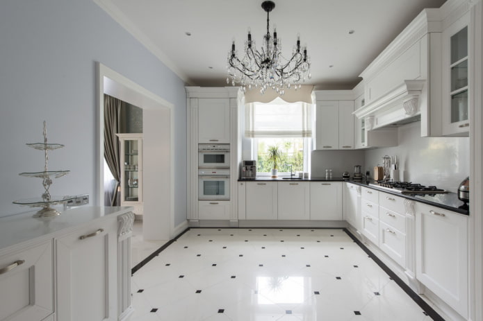 white floor tiles in the interior of the kitchen