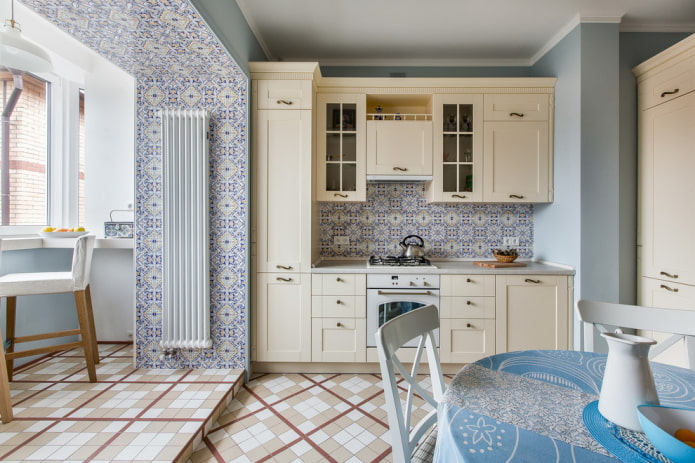 the layout of floor tiles in the interior of the kitchen