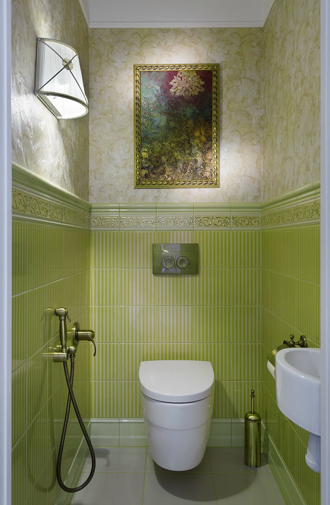 Light green tiles and wallpaper