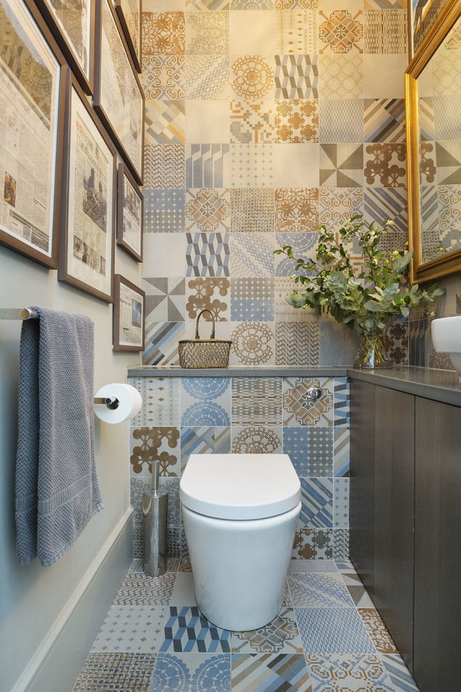 toilet with patchwork tiles