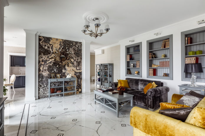 marble effect tiles in the living room