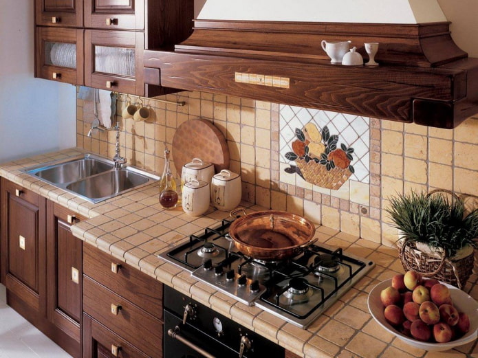 brown tiles on the countertop