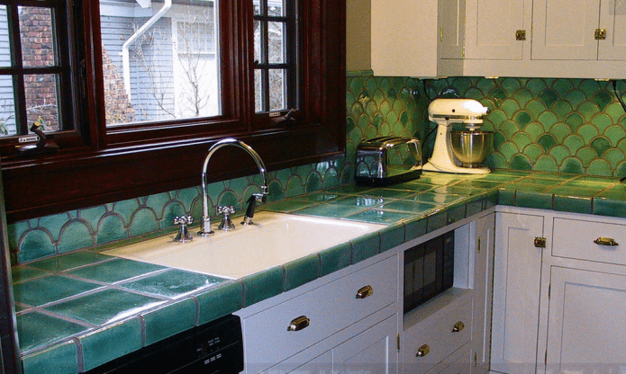 green countertop in the kitchen