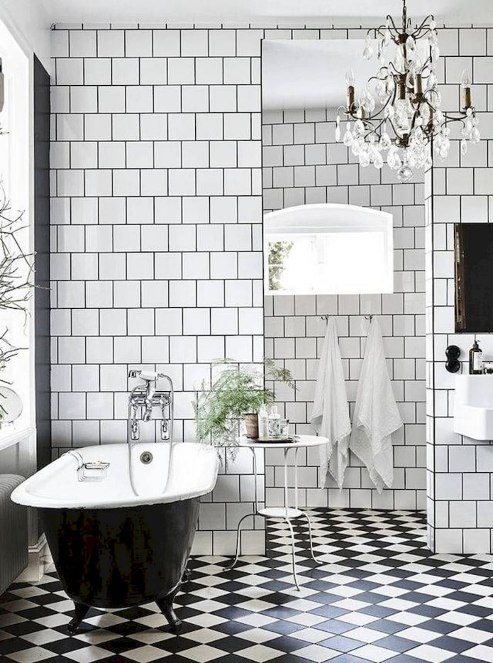 checkerboard tiled layout in the bathroom interior