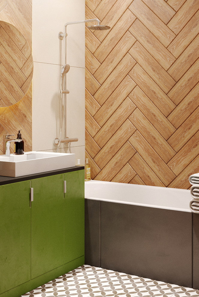 the layout of tiles for wood in the interior of the bathroom