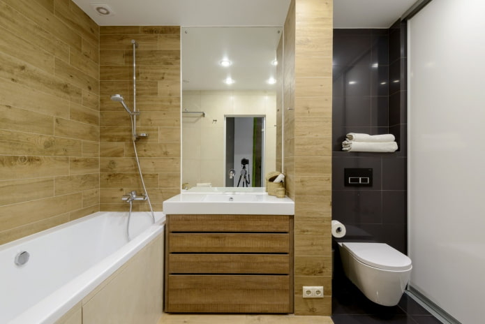 wood-like wall tiles in the bathroom interior
