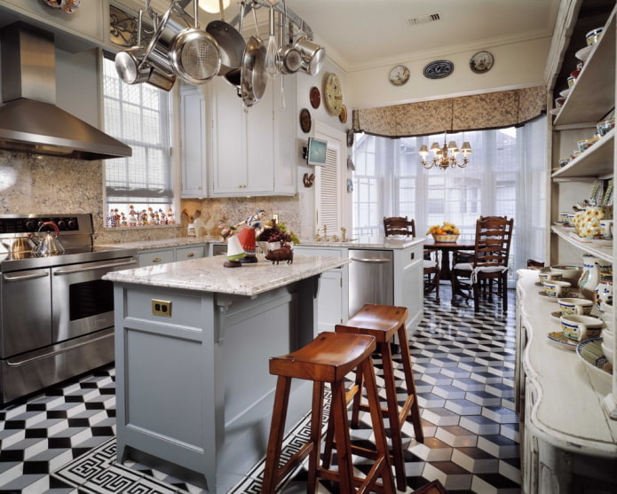 Large kitchen with geometric pattern on the floor