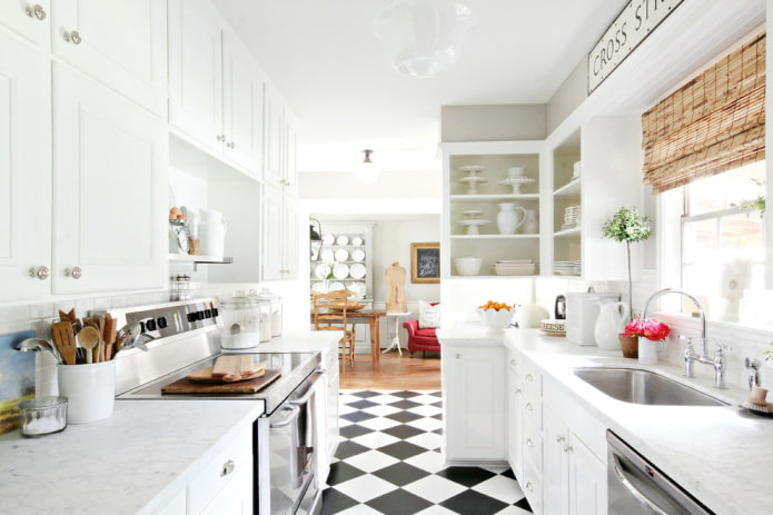 Kitchen with black and white linoleum