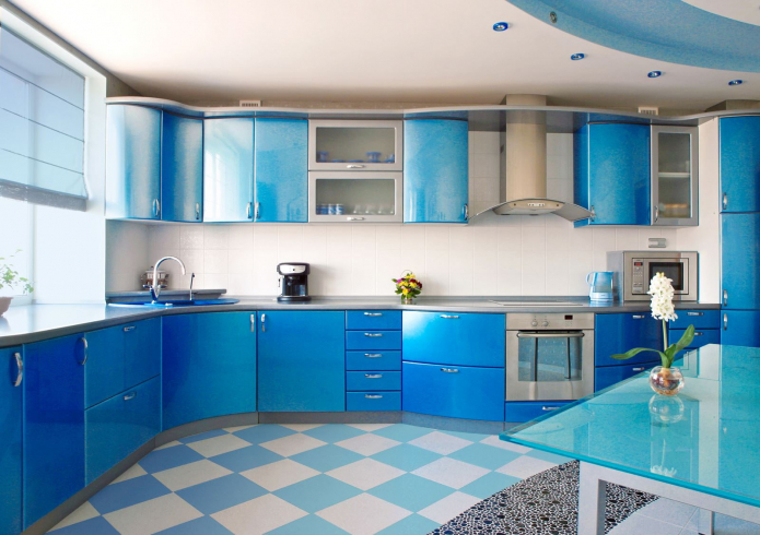 blue and white linoleum in the kitchen