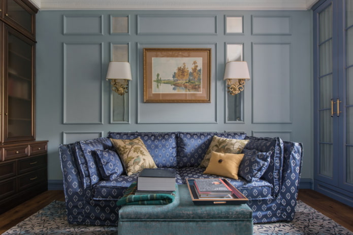 blue sofa with patterned upholstery