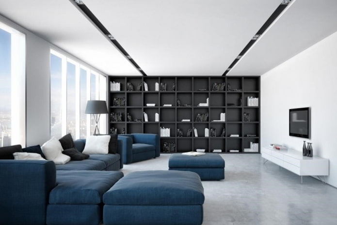 sofa na asul sa istilo ng minimalism
