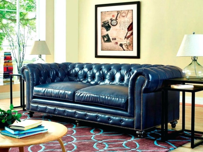 sofa na may asul na tapiserya ng katad sa interior