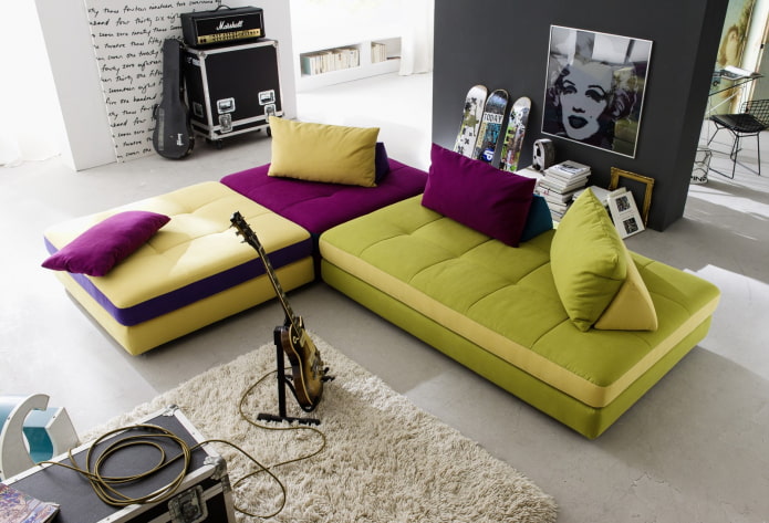 purple-green sofa in the interior