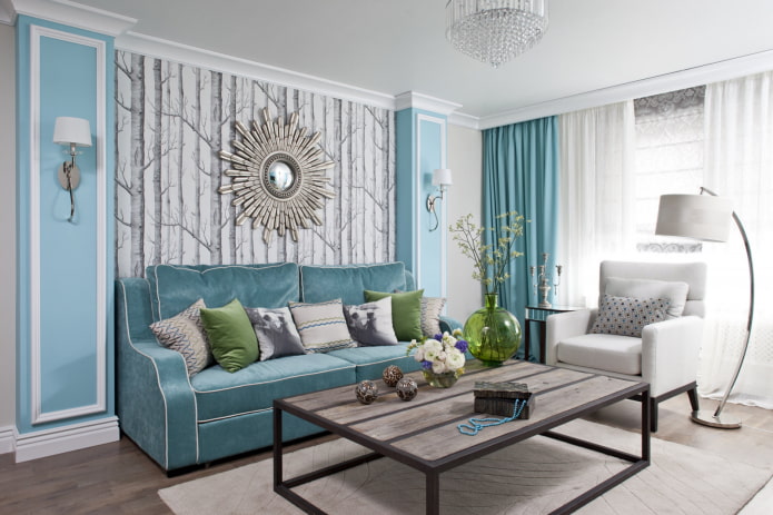 turquoise sofa in the living room interior