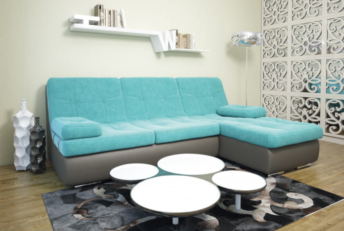 gray-turquoise sofa in the interior